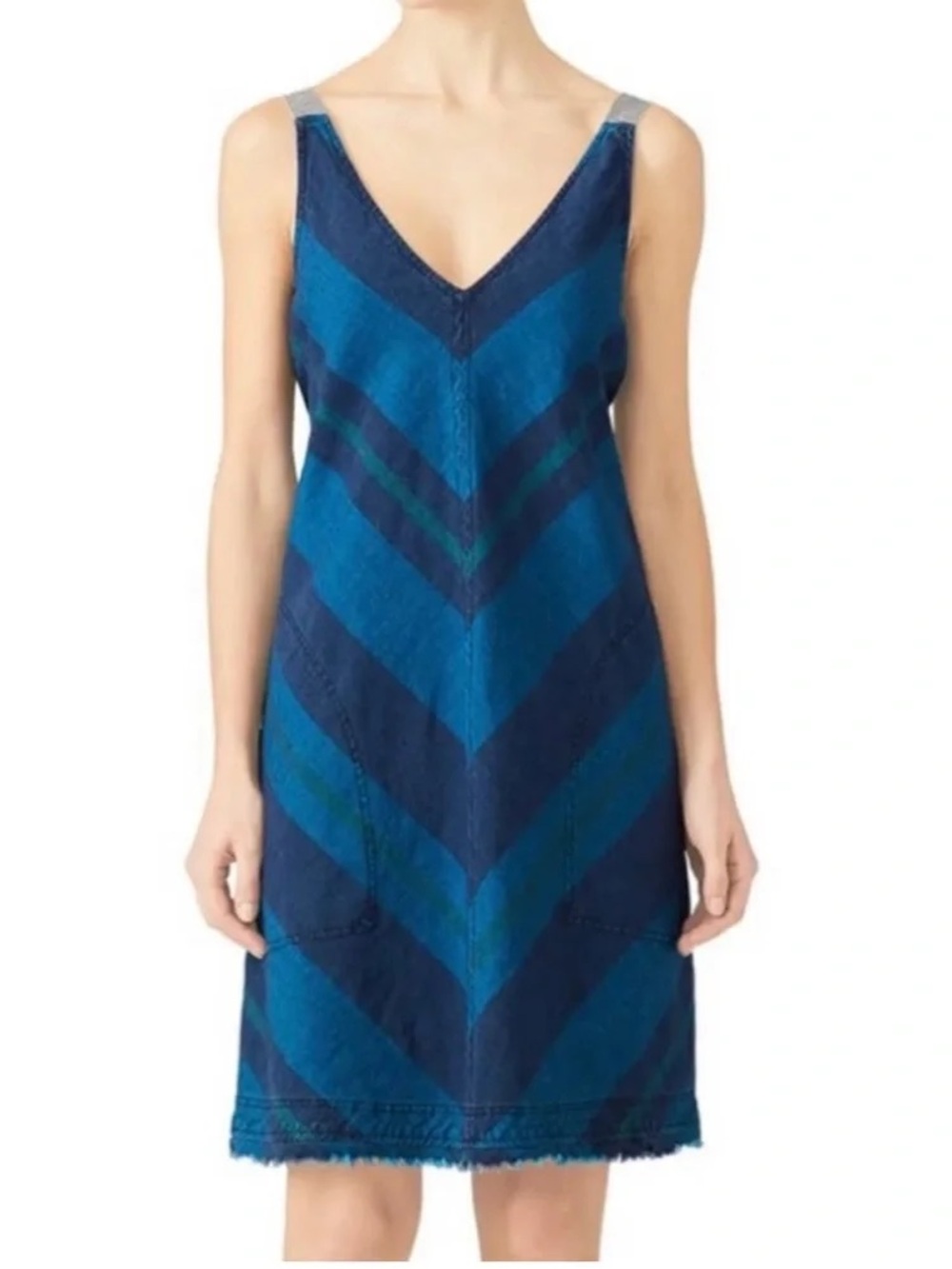 Trina Turk Blue Chevron Slip Dress with Dark Blue and Teal Stripes